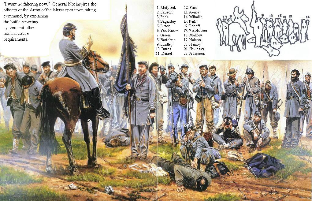 'I Want No Slacking Now' by Alan Perry. Image from Osprey Military Campaign Series #54, Shiloh 1862: The Death of Innocence, by James R. Arnold, 1998. pp. 50-1. MG Braxton Bragg confronts Col. Henry W. Allen, commanding the 4th La. Regiment, Gibson's Brigade, restating his order for a fourth charge on Shiloh's Hornet's Nest position following three repulses.  'Serve them as they have served you...I want no faltering now.'  Allen, shot through the cheeks, led his men forward to the fourth repulse.  He will later become Governor of Louisiana. From 'Shiloh: Bloody April,' by Wiley Sword, Morningside, Southfield, MI, 1983, pp. 247-55.'