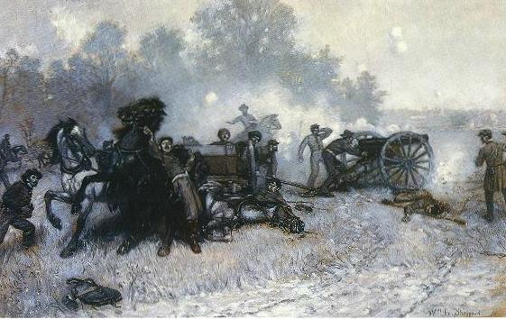 Confederate artillery battery in action, by veteran Confederate artilleryman William Sheppard. From The American Heritage New History of the American Civil War, narrative by Bruce Catton, ed. By James McPherson; Viking Penguin Press, NY, 1996, p. 259