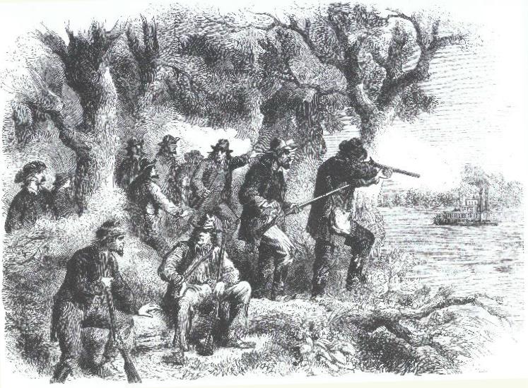 Confederate irregulars sniping at a Union steamboat on the Mississippi River, 1862; from The Illustrated History of the Civil War, Richard Humble, Gallery Books, NY, 1986, p.92