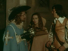 Buckingham, fru Bonacieux och d'Artagnan i filmen »D'Artagnan och de tre musketörerna« (Sovjetunionen 1978)