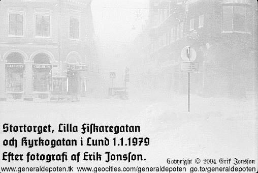 bild av Stortorget, Kyrkogatan och Lilla Fiskaregatan i Lund under nyårsstormen på nyårsdagen den 1 januari år 1979