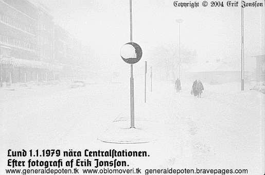 bild av snöyran på Bangatan nära Centralstationen i Lund under nyårsstormen på nyårsdagen den 1 januari år 1979