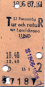 bild av biljett i kartong för resa tur och retur Landskrona-Lund den 18 juni 1967