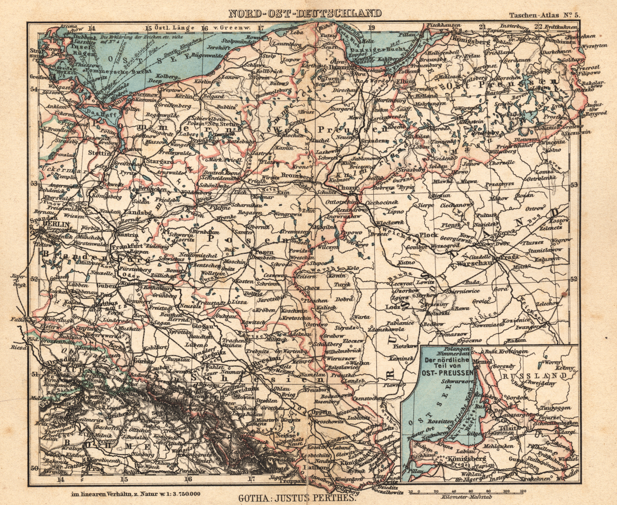 Karta över nordöstra Tyskland och ryska Polen