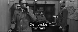 Berlins kommendant Josef Goebbels frågar i telefon om ryssarna redan är på Wilhelmsstraße. Bild ur Ozerovs spelfilm »Sista stormningen« (Befrielse 5).