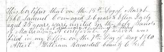 Ellen Dailey/Samuel Primary Marriage Record