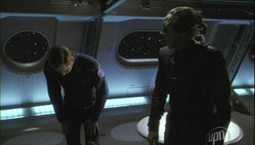 Archer bowed down to T'Pol and readied himself to kiss her feet. He was in the dog house after Porthos chewed up her meditation pillow.
