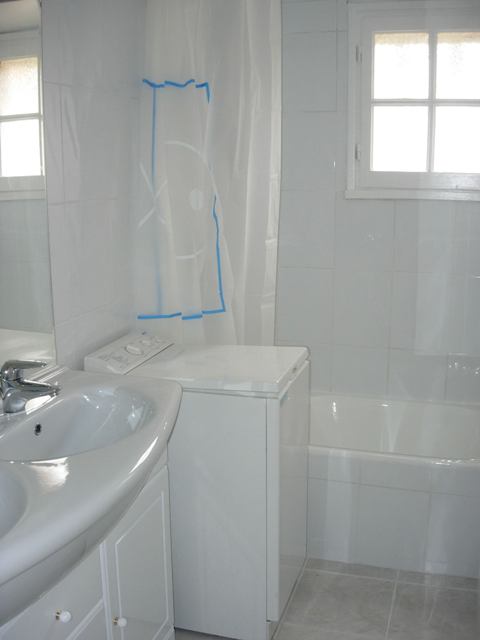 la salle de bains avec bain et lave-linge
