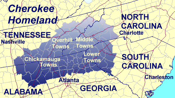 The Cherokee Nation about 1760 showing the Four Regions.