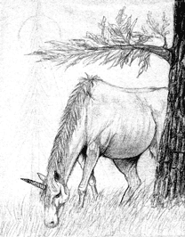 Old broken Unicorn sent out to pasture,fat and grazing.