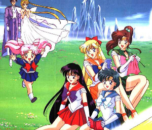 Neo King Endymion, Neo Queen Serenity, Rini, Sailor Mars, Sailor Mercury, Sailor Venus, and Sailor Jupiter in Crystal Tokyo