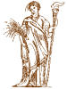 name : Demeter (Dhmhthr)
role : goddess of agriculture and fertility
symbols : sceptre, torch, corn (grain) <BR>
 Demeter in Greek Mythology <BR>
As the goddess of grain and fertility, Demeter played an important - indeed essential - role in ancient Greek society. The Greeks, like most ancient cultures, relied upon agriculture for their sustenance. As the patron deity of agriculture, Demeter was accordingly worshipped with festivals (such as the Thesmophoria) and other honors. Likewise, her association with grain also translated into a close relationship with human fertility, as this was another crucial part in our continuing survival. There are, consequently, many myths dealing with Demeter in her capacity as a fertility goddess. 
Perhaps the most poignant of these myths is the so-called Homeric Hymn to Demeter, in which the story of the goddess and the loss of her daughter Persephone is told. The Hymn to Demeter is thought by scholars to be not only a myth about the abduction of Persephone and the consequent anger of Demeter - it also alludes to aspects of the mystery cult referred to as the Eleusinian Mysteries. This cult falls more properly into the realm of Greek religion, rather than myth, so it will not be discussed it in any detail here. However, as it is an integral aspect of the worship of Demeter, it should at least be mentioned in this context. <BR>
In addition to the myth of Demeter and her daughter Persephone in the Homeric Hymn to Demeter, another intriguing tale that involves the goddess of fertility is her affair with the mortal Iasion. According to the version told by the poet Hesiod, Demeter and the hero 