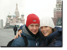 Lauren and her friend Olga at St. Basil's Cathedral in Moscow.
