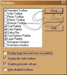 Standard, Tool, Color, Status, Tool Options, Layer Palette selected. Display flat, Enable roll-ups 'checked'