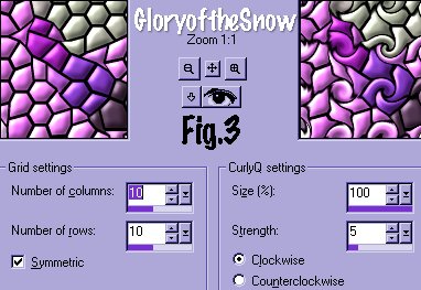Grid Settings: columns 10, rows 10, symmetric. Curly Q settings: size 100%, strength 5, clockwise.