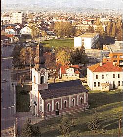 Serb Orthodox Church in Prijedor, view from our old Hotel Prijedor IPTF offices