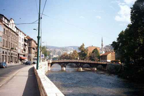 Spring time Sarajevo.&nbsp; From the Turkish "Saraj" meaning "palace" & "Ovasi" meaning "field".&nbsp; The River Miljacka flows through this beautiful city.