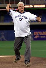 Bill Singer throws out a ceremonial first pitch against the White Sox in Toronto on May 21, 2001