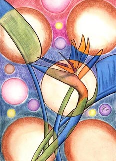 Obra realizada por la pintora mexicana Gin. (g.e.n.t.e Tu Web Febrero 2003). "Ave del Para&iacute;so" 35 cm x 25 cm. T&eacute;cnica mixta: acuarela, pastel.