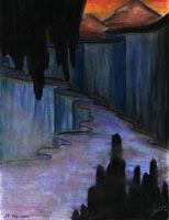 Obra realizada por la pintora mexicana Gin. (g.e.n.t.e Tu Web Octubre 2002). "Camino al ocaso" 32 cm x 24 cm. T&eacute;cnica Pastel.