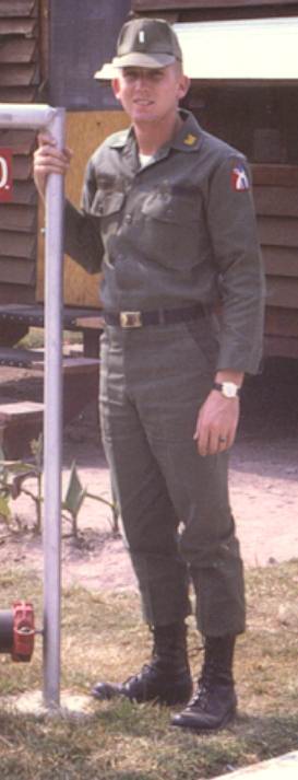 Close up of 1LT Dennis Turner, C.O. - 697th Engr Co (P/L) at the Orderly Room

 in Korat at Camp USARTHAI in 1967