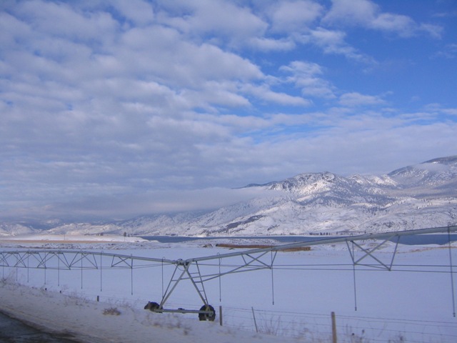 Snow covered farm land in the Okanagan