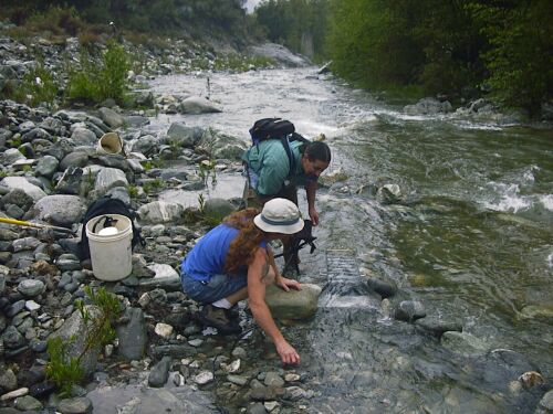 Gene and John testing the water flow through the sluice.