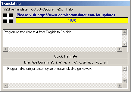 Screenshot of CornishTranslator Graphical User Interface in translation