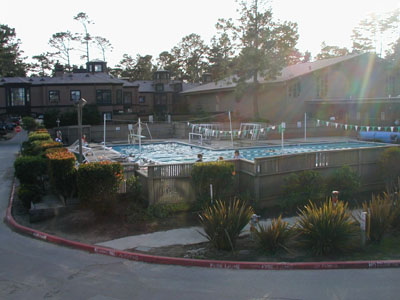 Pool in the center of the 4 major dorms, Atwood in the back, Wilson and Silverado on the left, view from Day Hall