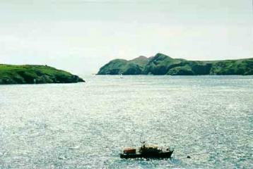 Ramsey Island Sound sparkles in the sun, with rugged Ramsey Island on the right