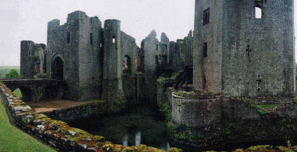 Castell Rhaglan showing its moat, gatehouse and famed Yellow Tower of Gwent