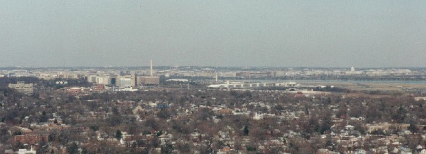 View of Washington from the observation deck of the Masonic Memorial. Note the Washington Memorial to the left and the Capitol to the right.