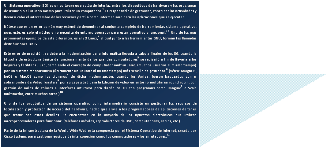 Cuadro de texto: Un Sistema operativo (SO) es un software que act�a de interfaz entre los dispositivos de hardware y los programas de usuario o el usuario mismo para utilizar un computador.1 Es responsable de gestionar, coordinar las actividades y llevar a cabo el intercambio de los recursos y act�a como intermediario para las aplicaciones que se ejecutan.
N�tese que es un error com�n muy extendido denominar al conjunto completo de herramientas sistema operativo, pues este, es s�lo el n�cleo y no necesita de entorno operador para estar operativo y funcional.2 3 Uno de los m�s prominentes ejemplos de esta diferencia, es el SO Linux,4 el cual junto a las herramientas GNU, forman las llamadas distribuciones Linux.
Este error de precisi�n, se debe a la modernizaci�n de la inform�tica llevada a cabo a finales de los 80, cuando la filosof�a de estructura b�sica de funcionamiento de los grandes computadores5 se redise�� a fin de llevarla a los hogares y facilitar su uso, cambiando el concepto de computador multiusuario, (muchos usuarios al mismo tiempo) por un sistema monousuario (�nicamente un usuario al mismo tiempo) m�s sencillo de gestionar.6 (V�ase AmigaOS, beOS o MacOS como los pioneros7 de dicha modernizaci�n, cuando los Amiga, fueron bautizados con el sobrenombre de Video Toasters8 por su capacidad para la Edici�n de v�deo en entorno multitarea round robin, con gesti�n de miles de colores e interfaces intuitivos para dise�o en 3D con programas como Imagine9 o Scala multimedia, entre muchos otros.)10
Uno de los prop�sitos de un sistema operativo como intermediario consiste en gestionar los recursos de localizaci�n y protecci�n de acceso del hardware, hecho que alivia a los programadores de aplicaciones de tener que tratar con estos detalles. Se encuentran en la mayor�a de los aparatos electr�nicos que utilizan microprocesadores para funcionar. (tel�fonos m�viles, reproductores de DVD, computadoras, radios, etc.)
Parte de la infraestructura de la World Wide Web est� compuesta por el Sistema Operativo de Internet, creado por Cisco Systems para gestionar equipos de interconexi�n como los conmutadores y los enrutadores.11

