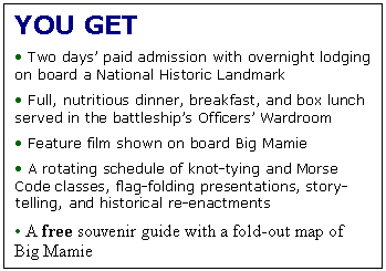 Text Box: YOU GET
� Two days� paid admission with overnight lodging on board a National Historic Landmark
� Full, nutritious dinner, breakfast, and box lunch served in the battleship�s Officers� Wardroom
� Feature film shown on board Big Mamie
� A rotating schedule of knot-tying and Morse Code classes, flag-folding presentations, story-telling, and historical re-enactments
� A free souvenir guide with a fold-out map of Big Mamie
