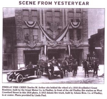 1916 Grant Six Roadster & 1913 Adams Fire Truck, 
both built in Findlay, Ohio. 
Click to view larger image.