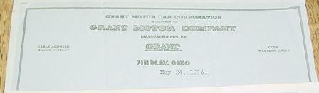 1916 Grant Motor Co. letterhead
Findlay, Ohio