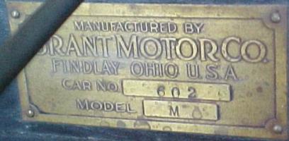 GRANT Motor Co. serial plate #602 Model M