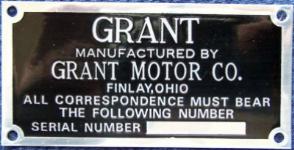 reproduction GRANT Motor Co. serial plate 
NOTE misspelling of Findlay