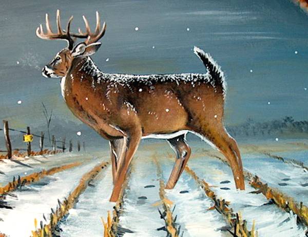 Whitetail Deer Feeding...Painted on Log Slab