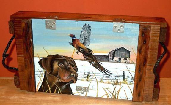 Chocolate Lab with Flushing Pheasant, Dims, 27" x 14" x 6"