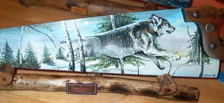 Running Wolf on Hand Saw Blade with Stand, 28" Blade