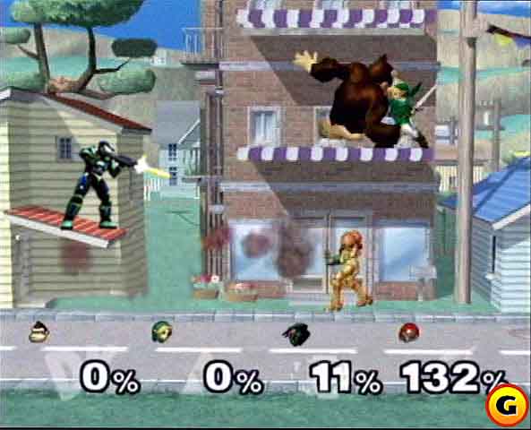 Master Chief shoots some blasts at Samus in Super Smash Bros. Melee.
