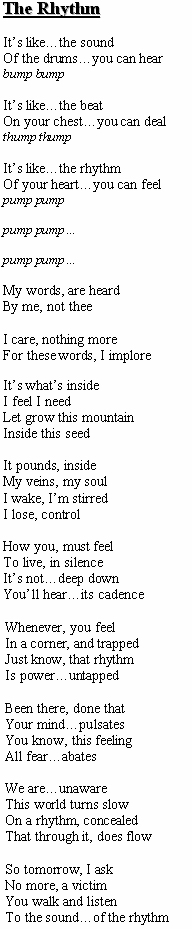 When you read this "Pulse Poem", pause whenever there is a set of ... or a , and it will sound like a pulse.