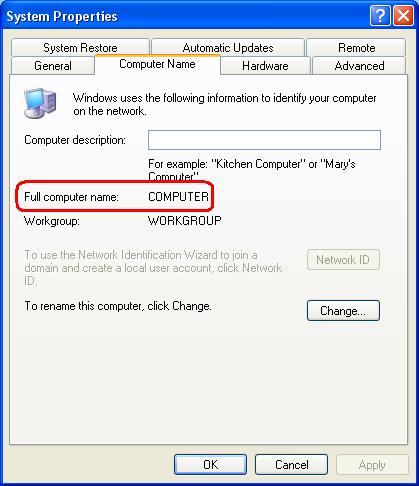 System properties page showing computer name