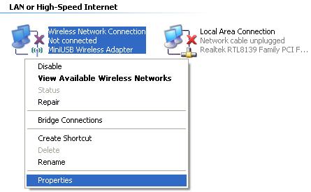Open Wireless Network Connection Properties