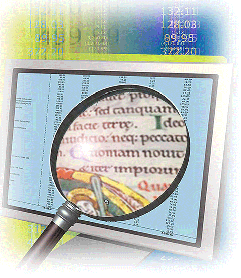 Computer screen and magnifying glass that shows a page from the St. Alban's Psalter 

under scrutiny.