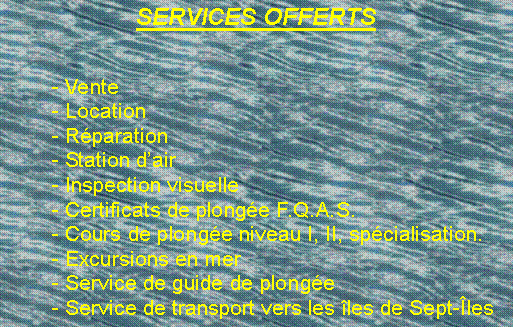 Zone de Texte: SERVICES OFFERTS	- Vente	- Location	- R�paration	- Station d�air	- Inspection visuelle	- Certificats de plong�e F.Q.A.S.	- Cours de plong�e niveau I, II, sp�cialisation.	- Excursions en mer	- Service de guide de plong�e	- Service de transport vers les �les de Sept-�les 