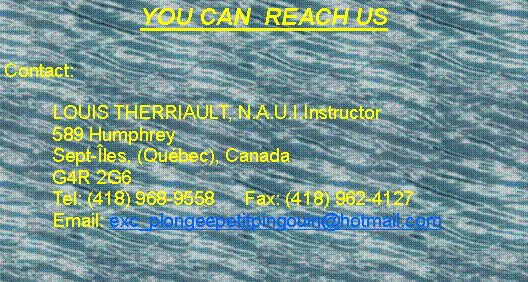Zone de Texte: YOU CAN  REACH US     Contact:	LOUIS THERRIAULT, N.A.U.I.Instructor 	589 Humphrey	Sept-�les, (Qu�bec), Canada	G4R 2G6	Tel: (418) 968-9558	Fax: (418) 962-4127	Email: exc_plongeepetitpingouin@hotmail.com
