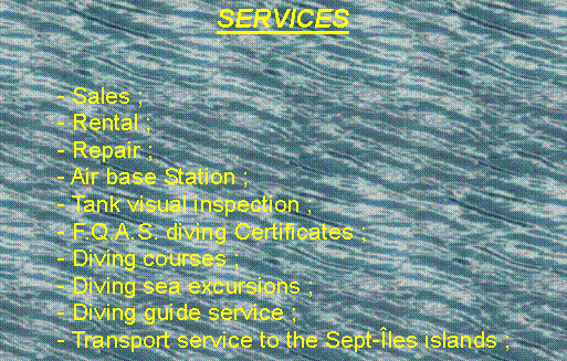 Zone de Texte: SERVICES 	- Sales ;	- Rental ;	- Repair ;	- Air base Station ;	- Tank visual inspection ;	- F.Q.A.S. diving Certificates ;  	- Diving courses ;	- Diving sea excursions ;	- Diving guide service ;	- Transport service to the Sept-�les islands ; 