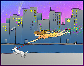 A girl flys through the air while pulled by her dog.